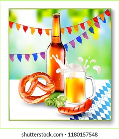 Vector Bottle of Beer.Vector Beer Glass, Barbeque Sausage, Bavarian pretzel.Oktoberfest beer festival.Label, sticker, logo, leaflet for sale of beer.