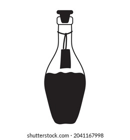 Vector bottle with black liquid. Potion bottle. Halloween illustration.