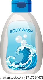 Vector bottle with blue ocean wave label, bubbles, clean modern style, white background, upright view
