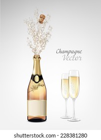 Vector Bottle Of Champagne Explosion And Glasses