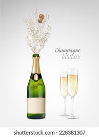 Vector Bottle Of Champagne Explosion And Glasses