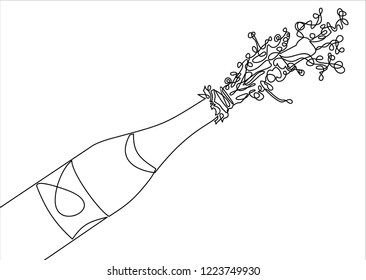 Vector bottle of Champagne explosion-continuous line drawing