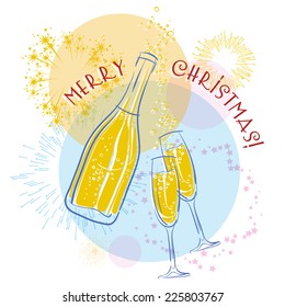 Vector bottle of champagne and glasses and fireworks