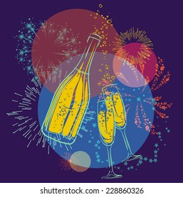 Vector bottle of champagne and glasses and fireworks