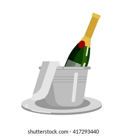 Vector bottle of Champagne with ice, in an ice bucket, with a napkin