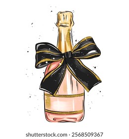 Vector bottle of champagne isolated on white background. Valentine's Day present. Modern fashion illustration 