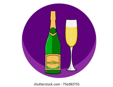 Vector bottle of champagne on a lilac background