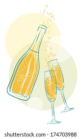 Vector bottle of champagne and two glasses