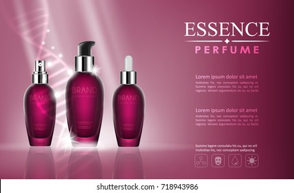 vector bottle cosmetic mock up on pink background, with your brand. Transparent and shine, realistic 3d style