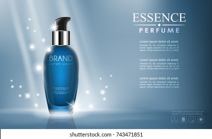 vector bottle cosmetic mock up on blue background, with your brand, ready for print ads or magazine design. Transparent and shine, realistic 3d style