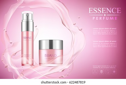 vector bottle cosmetic mockup on pink background, with your brand, ready for print ads or magazine design. Transparent and shine, realistic 3d style