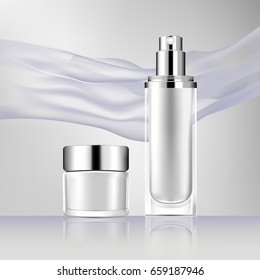 vector bottle cosmetic mockup on a gray background, with your brand, ready for print ads or magazine design. Transparent and shine, realistic 3d style