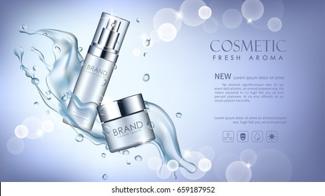 vector bottle cosmetic mockup on blue background, with your brand, ready for print ads or magazine design. Transparent and shine, realistic 3d style