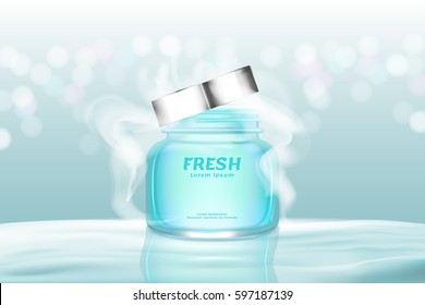 vector bottle cosmetics mockup on blue background, with your brand, ready for print ads or magazine design. Transparent and shine, realistic 3d style