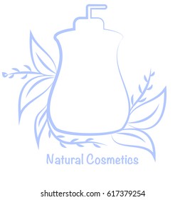 Vector bottle for cosmetics, template for cosmetic brand, logo with bottle and drawn flowers, logo concept for natural cosmetics