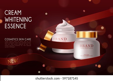 vector bottle cream essence mockup on red bokeh background, with your brand, ready for print ads or magazine design. Transparent and shine, realistic 3d style