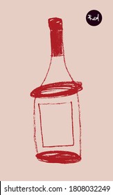 Vektorflaschenzeichnung mit Krempelstruktur für Weinfestival, Design-Element der Weinkellerei, Bio-Weine Konzept, Logo-Weinbau, Emblem Weinberg. Flaschenkizze Symbol. Silhouette der Alkoholflasche.