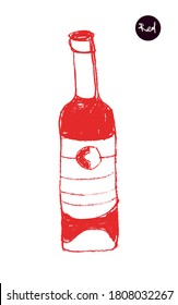 Vector bottle drawing with crayon texture for wine festival, winery design element, organic wines concept, logo viticulture, emblem vineyard. Bottle sketch icon. Silhouette of alcohol bottle.