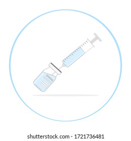 Vector - A bottle of drug and Syringe with needle on blue circle background. Flat image. Healthcare, vaccine, Favipiravia, Flu, injection, clinical trial concept.