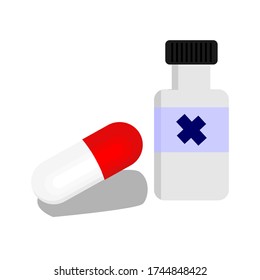 Vector bottle of drugs and capsules with a white background