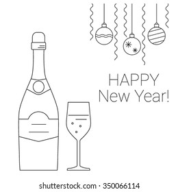 Vector bottle and glass of champagne thin line style. New Year  greeting card or poster design.