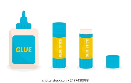 Vector bottle of glue and glue stick. Supplies for office and school. Isolated on white background