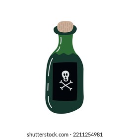 Vector bottle with green potion flat illustration. Halloween bottle with poison skull and crossbones