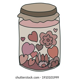 botella vectorial de mermelada del día de las tarjetas de San Valentín marrón y rosa de los corazones