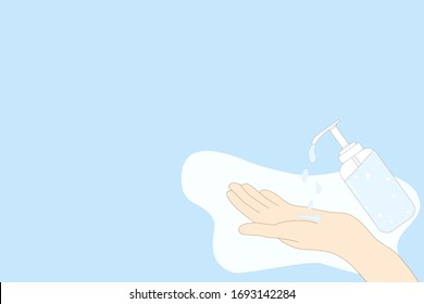 Vector - A bottle of liquid soap or alcohol gel to washing hand on blue background. Cleaning, disinfection, hygiene or skin care concept. Copy space for any text design.