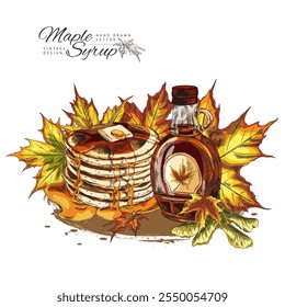 Vector with a bottle of maple syrup with a label, pancakes and melted butter. The design includes a maple leaf and sunflower seeds painted for use in cooking