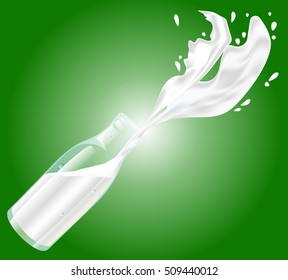 Vector bottle of milk. Glass angled bottle filled with some milk splashing out of container. Stock illustration
