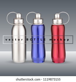 Vector bottle mockup. Vector illustration of realistic 3d multicolored empty glossy metallic water bottles. 