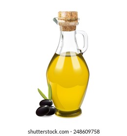 Vector bottle of olive oil with black olives. Illustration on isolated white background. Not traced.