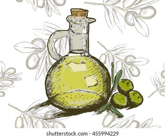 Vector bottle of olive oil with olive branch. Seamless pattern.