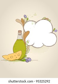 Vector bottle of olive oil and piece of cheese