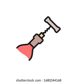 Vector bottle open with corkscrew flat color line icon.