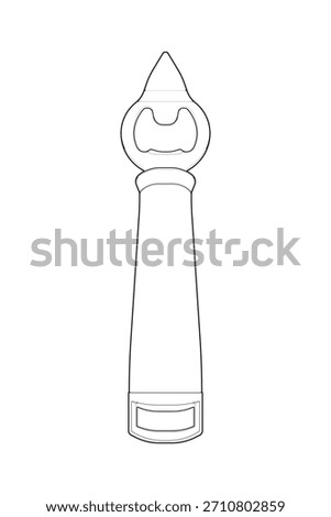 Vector bottle opener tool outline for kitchen, bar equipment, packaging design, and utensil icons.