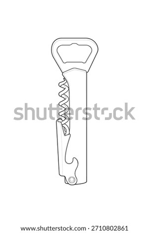 Vector bottle opener tool outline for kitchen, bar equipment, packaging design, and utensil icons.