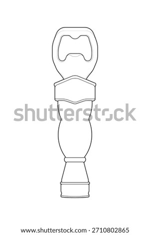 Vector bottle opener tool outline for kitchen, bar equipment, packaging design, and utensil icons.