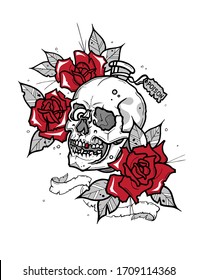 Vector bottle, outline skull, red roses