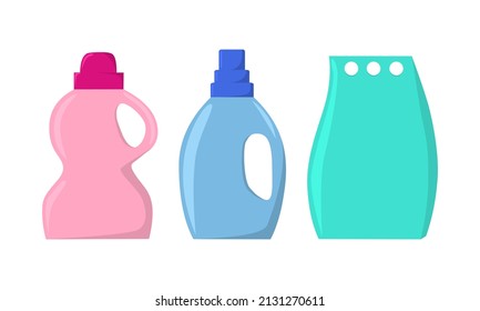 Vector bottle and pack for laundry isolated flat illustration. Laundry room tools, detergent, cleanser and fabric softener.