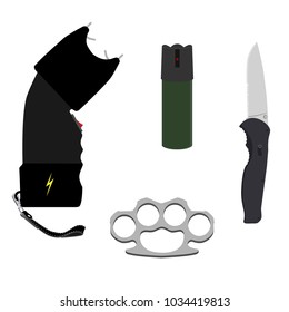 Vector bottle of pepper spray, knife, knuckles and taser isolated on white background. Pepper gas spray, dagger and electoshock. Self defence weapon icon set