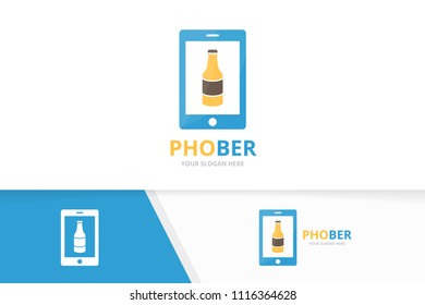 Vector bottle and phone logo combination. Beer and mobile symbol or icon. Unique alcohol and device logotype design template.