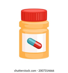 Frasco vectorial con pastillas y cápsulas aisladas en fondo blanco. Icono de medicina. Ilustración en estilo plano de caricatura.