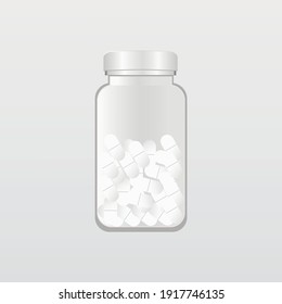 vector bottle with pills. flat image of medicines in medicine container. oval and round medical tablets.