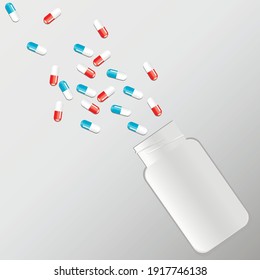 vector bottle with pills. flat image of medicines in medicine container. oval and round medical tablets.