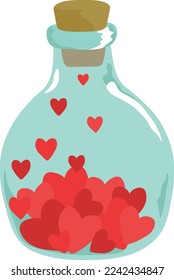 Vektorflasche mit roten Herzen auf weißem Hintergrund. Glasflasche mit kleinen roten Herzen innen. Magisches Liebeselixier, Liebesgift. Liebeskonzept. Valentinstag. Gut für Karten, Aufkleber, Dekoration.