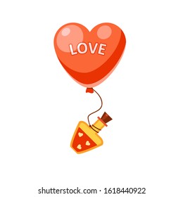 Vector bottle with red liquid with hearts on a big red balloon in the the shape of heart and with the word LOVE flying. Cute romantic illustration. Saint Valentine's day