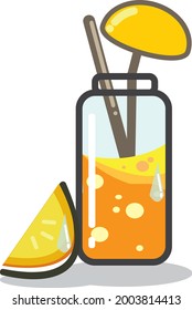 un vector de una botella de zumo de naranja refrescante y una rebanada de naranja a su lado. apto para folletos, revistas, carteles y otros
