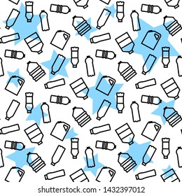 Vector bottle seamless pattern isolated on a white and blue stars background in line style